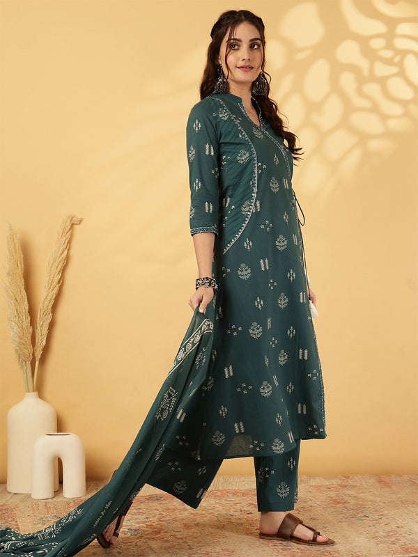 Rayon Calf Length Printed Straight 3/4 Sleeves V-Neck Kurta Bottom Dupatta Set