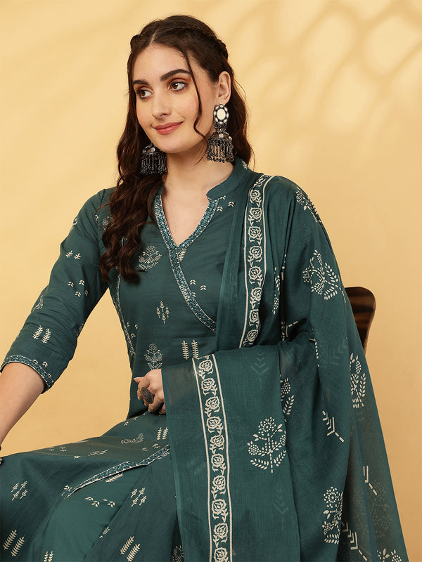 Rayon Calf Length Printed Straight 3/4 Sleeves V-Neck Kurta Bottom Dupatta Set