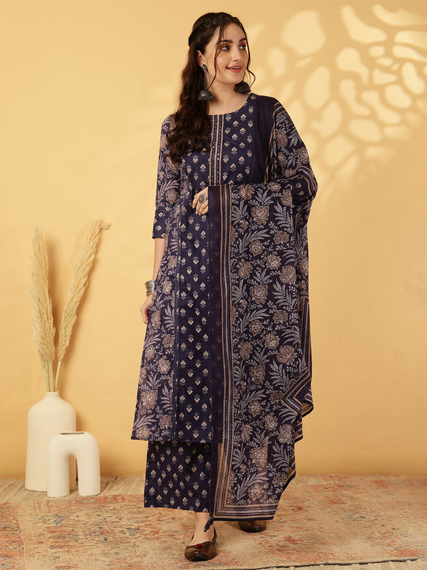 Calf Length Printed Straight 3/4 Sleeves Round Neck Kurta Bottom Dupatta Set
