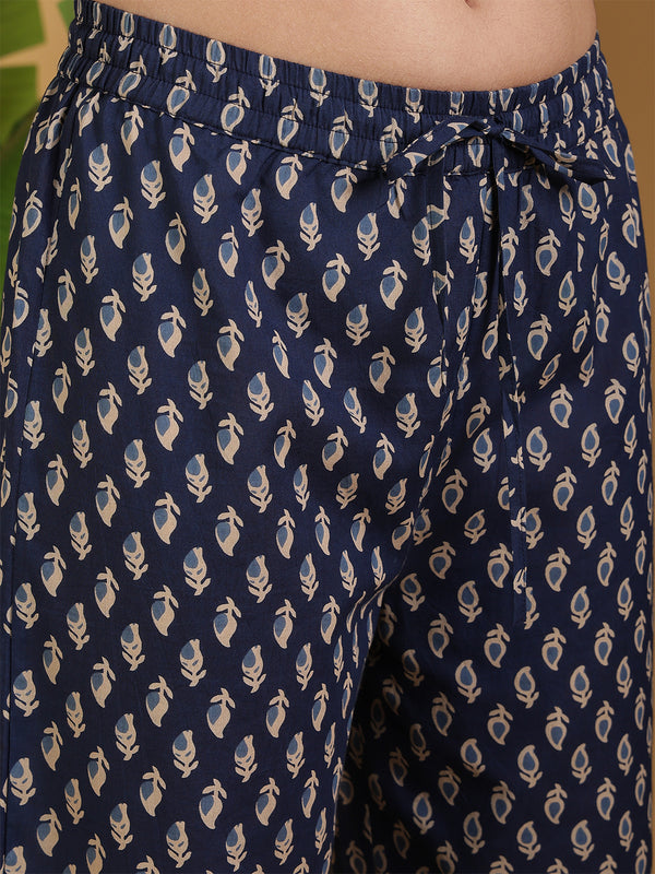 Blue Cotton Calf Length Printed V-Neck Anarkali Kurta Suit Set