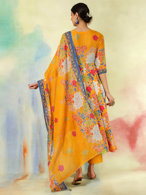 Blue Pure Cotton Printed Hand-Work Anarkali Kurta Suit Set