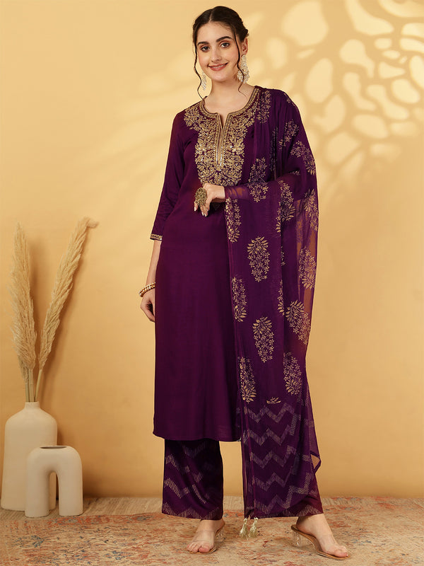 Rayon Calf Length Solid Straight 3/4 Sleeves Round Neck Kurta Bottom Dupatta Set