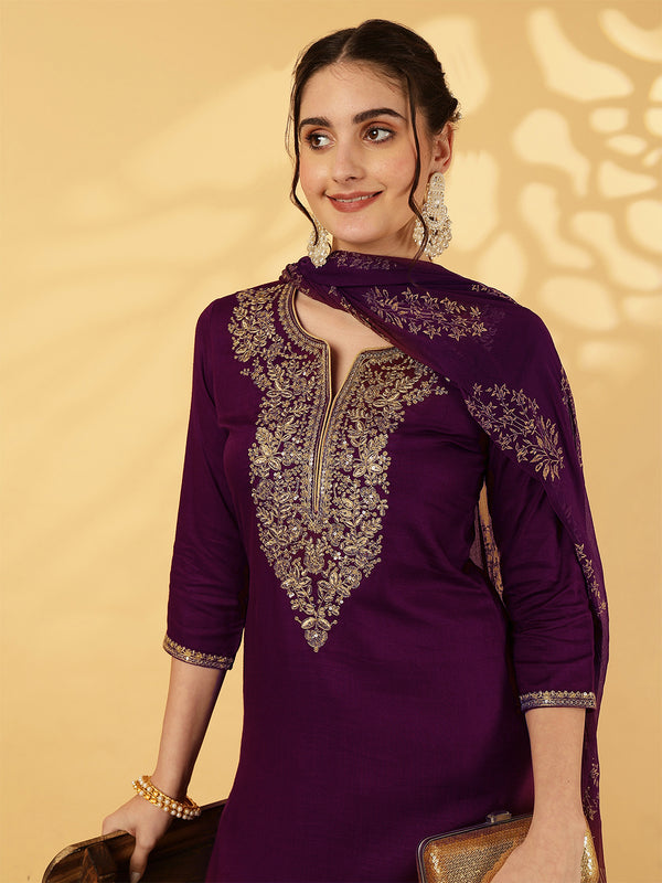 Rayon Calf Length Solid Straight 3/4 Sleeves Round Neck Kurta Bottom Dupatta Set