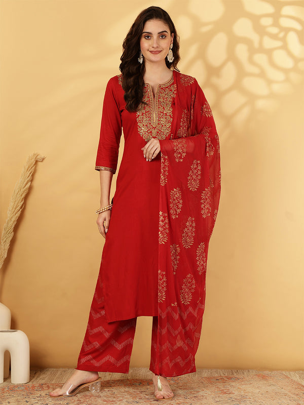 Rayon Calf Length Solid Straight 3/4 Sleeves Round Neck Kurta Bottom Dupatta Set