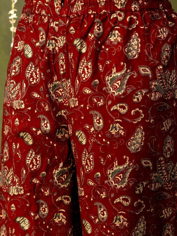 Maroon Cotton Calf Length Printed A-Line V-Neck Kurta Palazzo Set