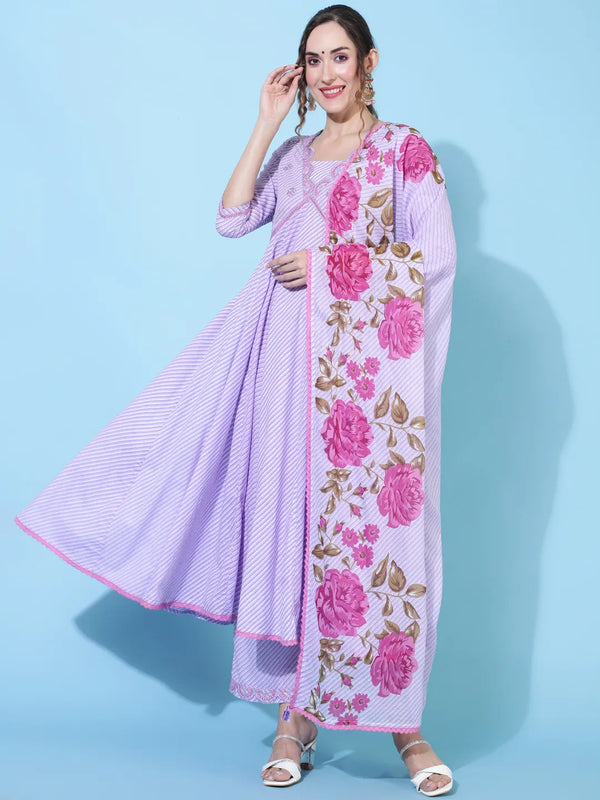 Lavender Leheriya Kurta With Embroidered Yoke And Floral Dupatta
