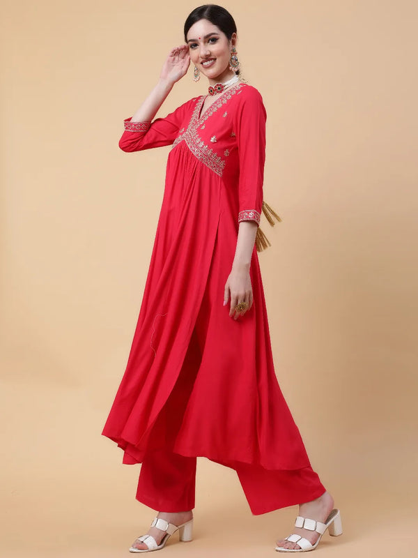 Coral Solid Embroidered On Yoke Kurta Suit Set