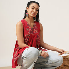 Cotton Hip Length Printed Sleeveless V-Neck Flared Top