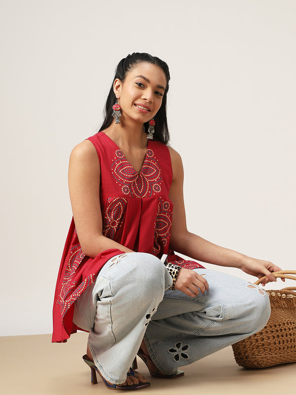 Cotton Hip Length Printed Sleeveless V-Neck Flared Top