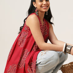 Cotton Hip Length Printed Sleeveless V-Neck Flared Top