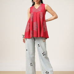 Cotton Hip Length Printed Sleeveless V-Neck Flared Top