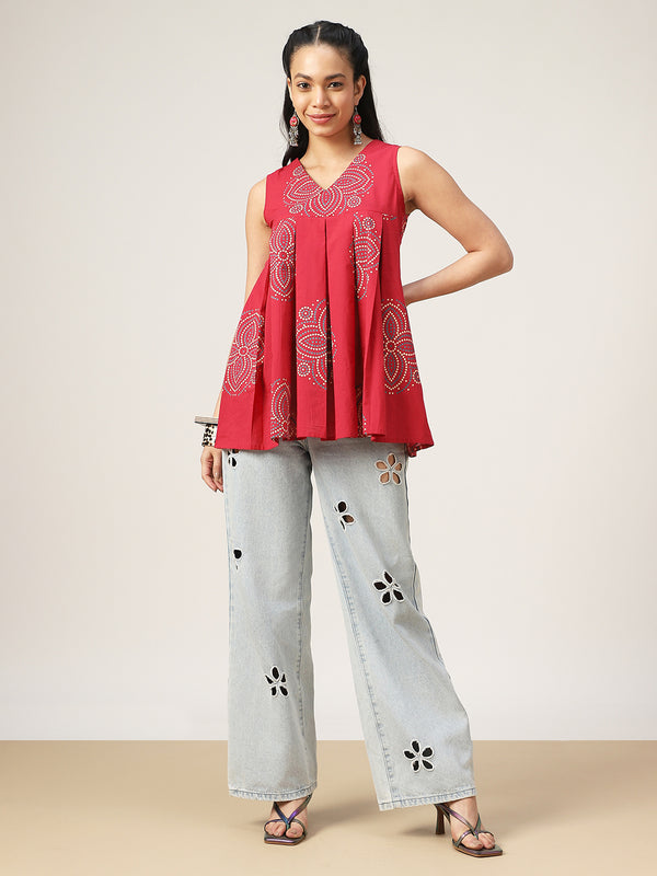 Cotton Hip Length Printed Sleeveless V-Neck Flared Top