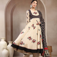 Cotton Calf Length Printed Full Sleeve Round Neck Flared Kurta