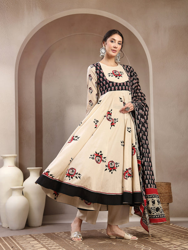 Cotton Calf Length Printed Full Sleeve Round Neck Flared Kurta