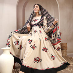 Cotton Calf Length Printed Full Sleeve Round Neck Flared Kurta