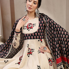 Cotton Calf Length Printed Full Sleeve Round Neck Flared Kurta