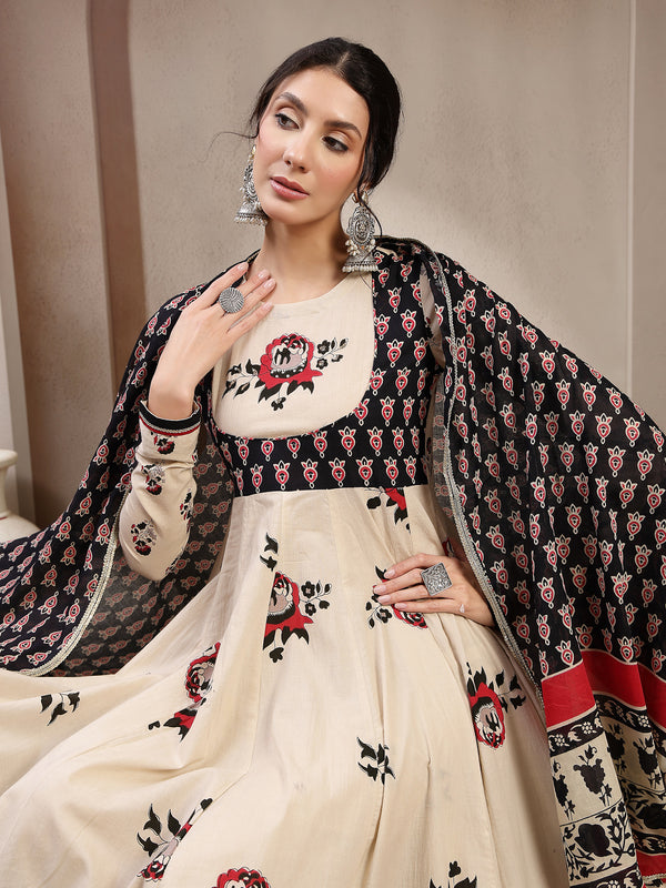 Cotton Calf Length Printed Full Sleeve Round Neck Flared Kurta