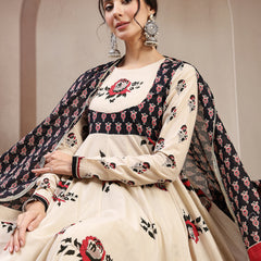 Cotton Calf Length Printed Full Sleeve Round Neck Flared Kurta