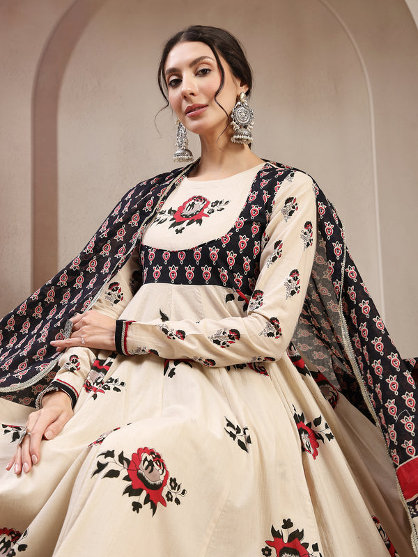 Cotton Calf Length Printed Full Sleeve Round Neck Flared Kurta