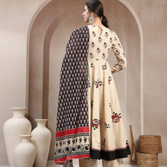 Cotton Calf Length Printed Full Sleeve Round Neck Flared Kurta
