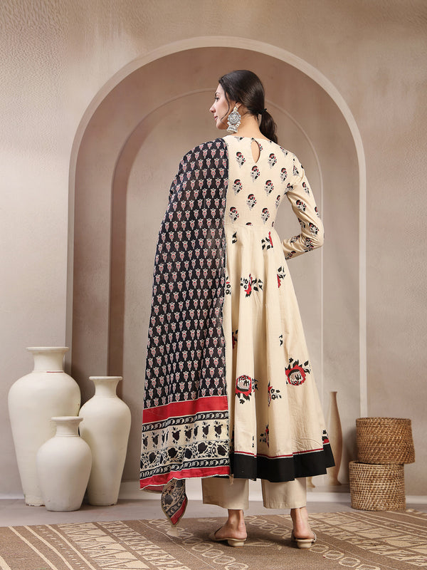 Cotton Calf Length Printed Full Sleeve Round Neck Flared Kurta