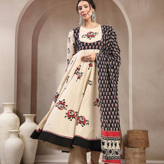 Cotton Calf Length Printed Full Sleeve Round Neck Flared Kurta