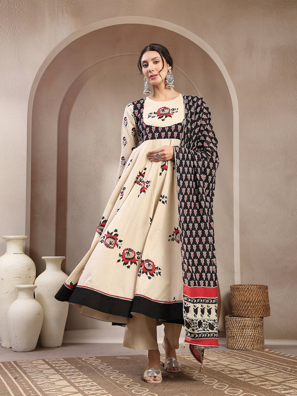 Cotton Calf Length Printed Full Sleeve Round Neck Flared Kurta