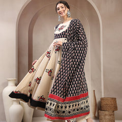 Cotton Calf Length Printed Full Sleeve Round Neck Flared Kurta