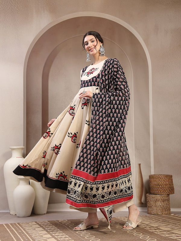 Cotton Calf Length Printed Full Sleeve Round Neck Flared Kurta