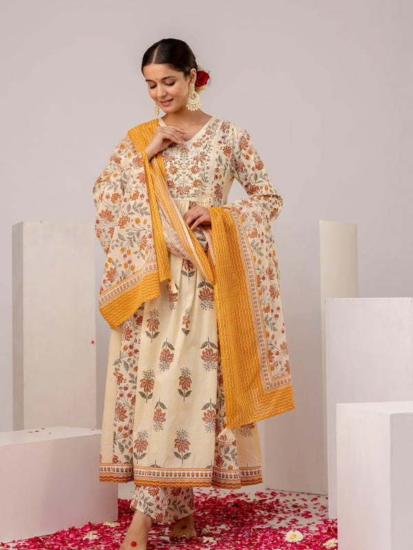 Off White Cotton Floral Print Embroidered Kurta Suit Set