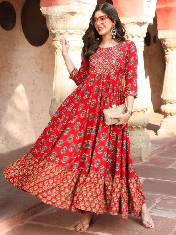 Maroon Block Printed Embroidered Flared Kurta