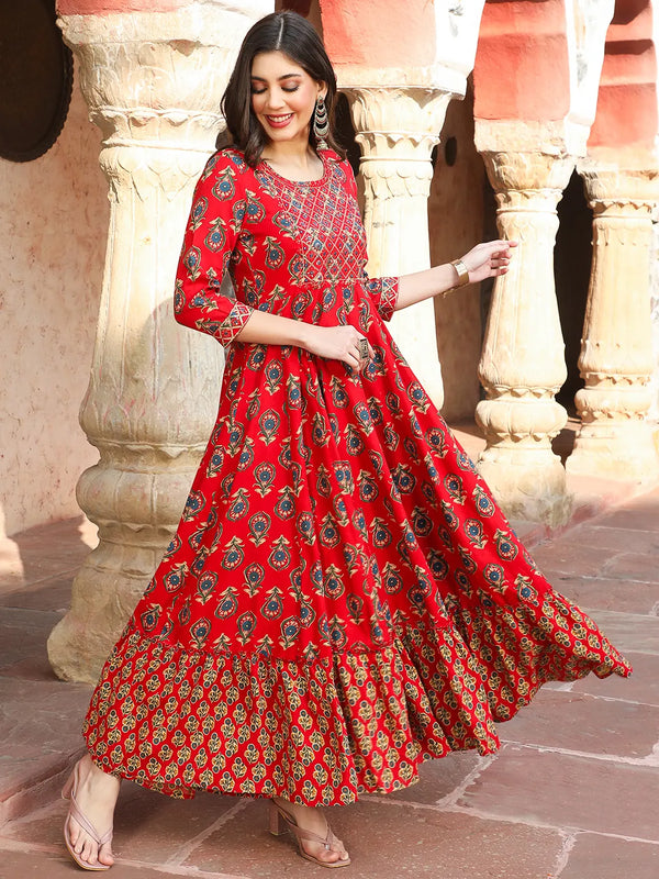 Maroon Block Printed Embroidered Flared Kurta
