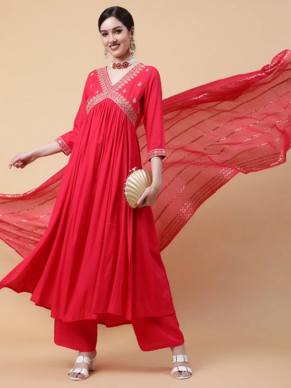 Coral Solid Embroidered On Yoke Kurta Suit Set