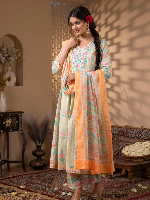 Mint Green Cotton Floral Print Embroidered Kurta Suit Set