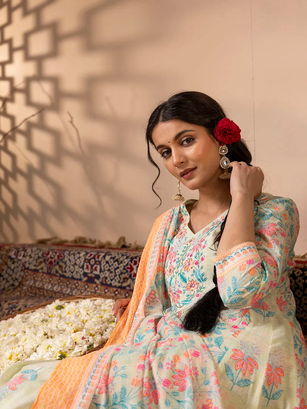 Mint Green Cotton Floral Print Embroidered Kurta Suit Set