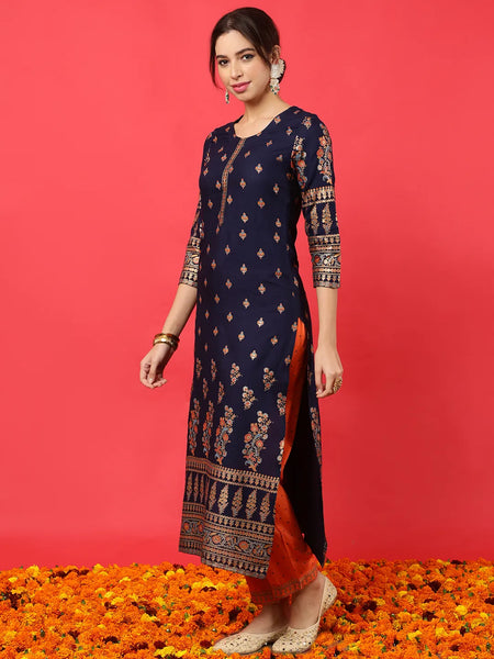Navy Blue Printed Straight Rayon Kurta Suit Set