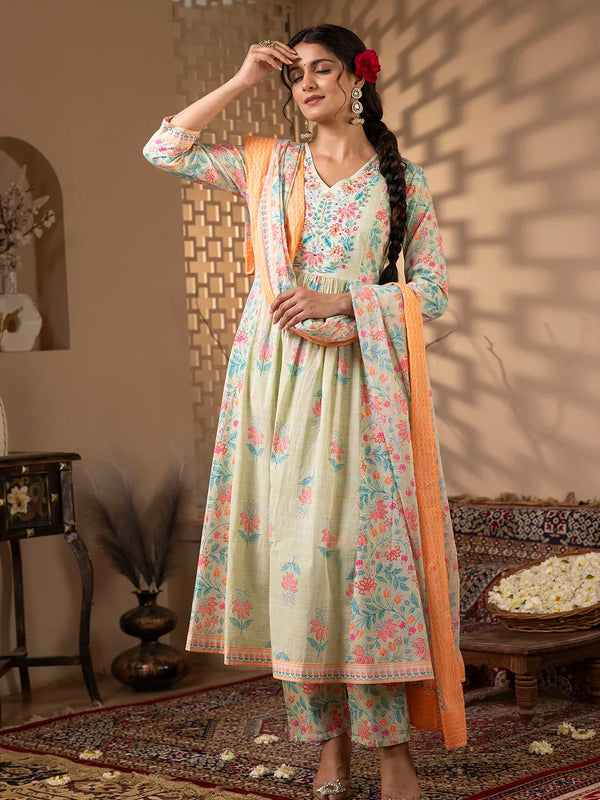 Mint Green Cotton Floral Print Embroidered Kurta Suit Set