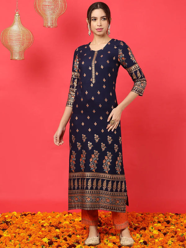 Navy Blue Printed Straight Rayon Kurta Suit Set