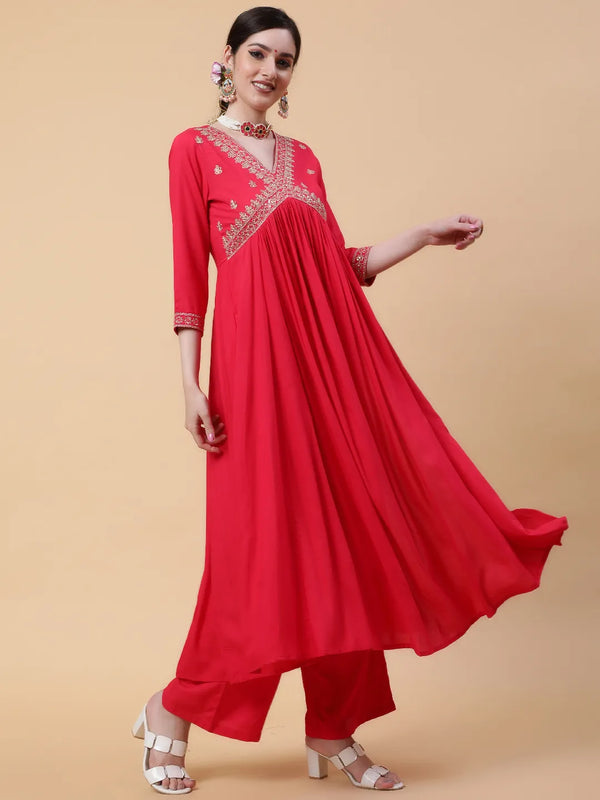 Coral Solid Embroidered On Yoke Kurta Suit Set