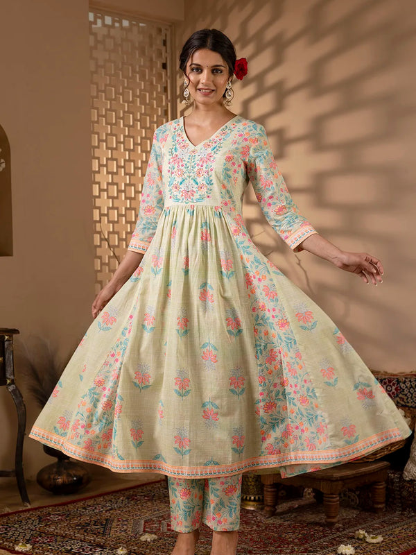 Mint Green Cotton Floral Print Embroidered Kurta Suit Set