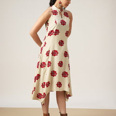 Rayon Calf Length Printed Sleeveless Round Neck Asymmetrical Dress