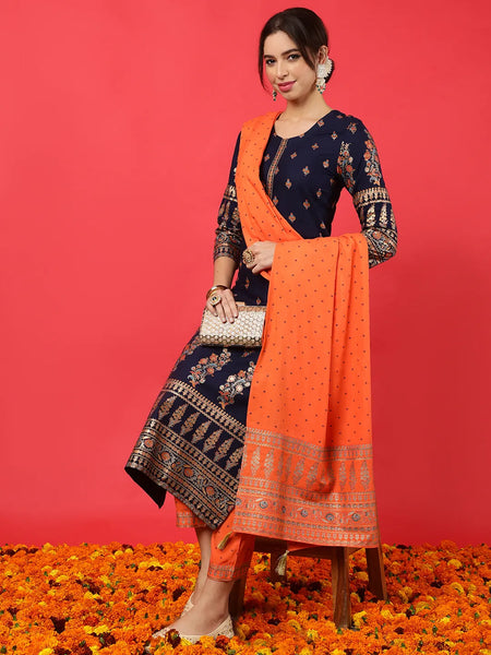 Navy Blue Printed Straight Rayon Kurta Suit Set