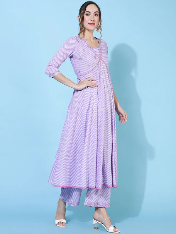 Lavender Leheriya Kurta With Embroidered Yoke And Floral Dupatta