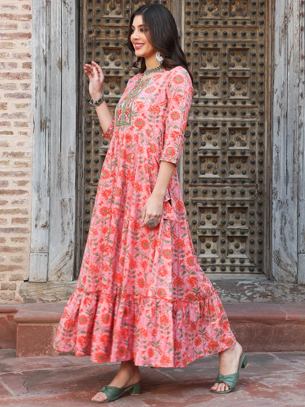 Peach Floral Printed Embroidered Flared Kurta