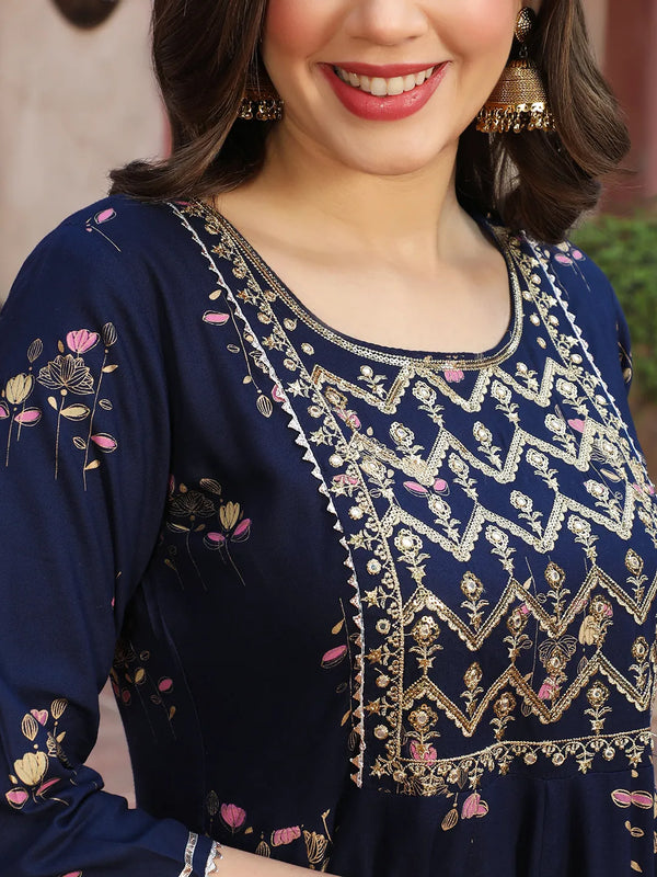 Rayon Embroidered Anarkali Kurta with Golden Detailing