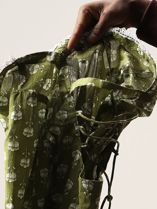 Cotton Hip Length Printed Full Sleeve Sweet Heart Neck Straight Top