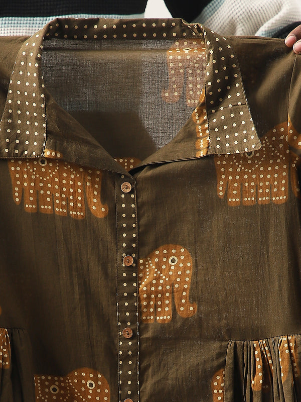 Cotton Hip Length Printed Full Sleeve Shirt Collar Flared Top