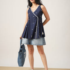 Cotton Hip Length Solid Sleeveless V-Neck Flared Top