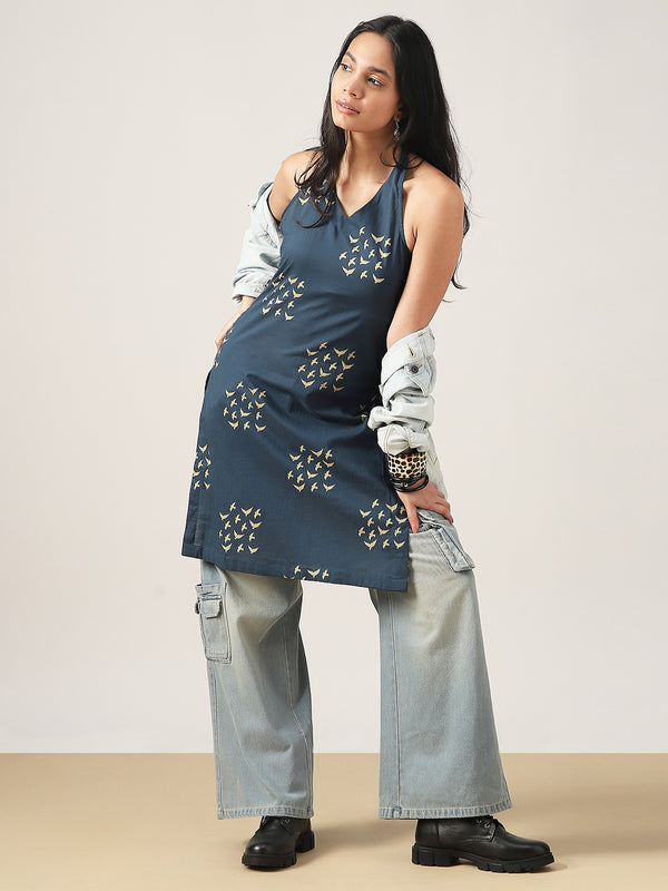 Rayon Mid Length Printed Sleeveless V-Neck Straight Kurta