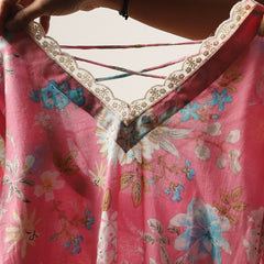 Cotton Hip Length Printed 3/4 Sleeve V-Neck Straight Top